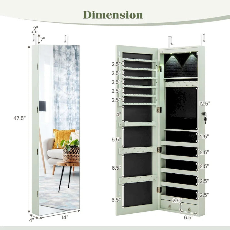 Armadietto portagioie con specchio e montaggio a parete o a porta – Bianco / Marrone / Verde / Rosa / Nero
