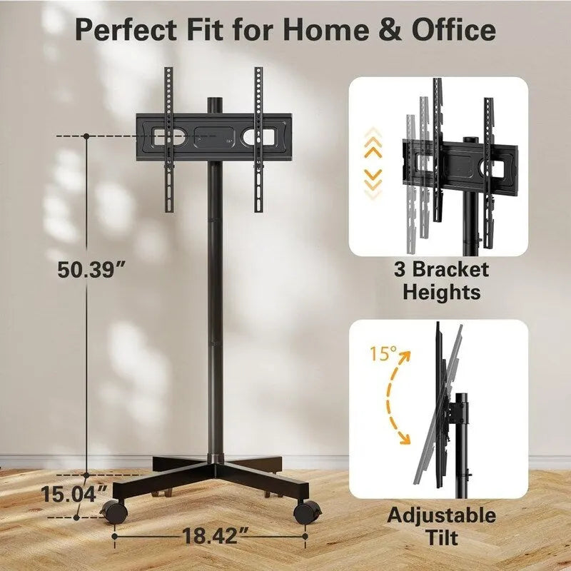 Supporto TV con rotelle per TV da 23-60", carrello TV da pavimento regolabile in altezza con ruote e ripiano per laptop, nero, montaggio da 1 persona