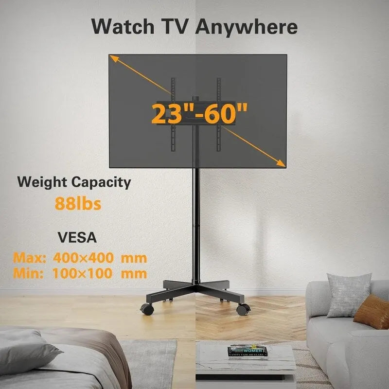 Supporto TV con rotelle per TV da 23-60", carrello TV da pavimento regolabile in altezza con ruote e ripiano per laptop, nero, montaggio da 1 persona