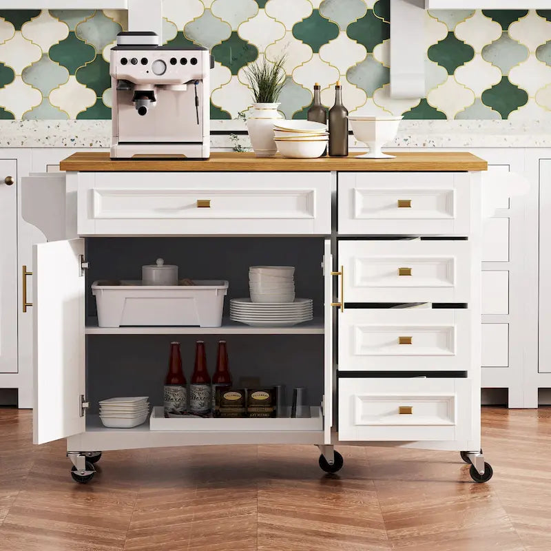 Isola da Cucina Retrò Bianca con Ribalta, 2 Cassetti e Mobile Contenitore