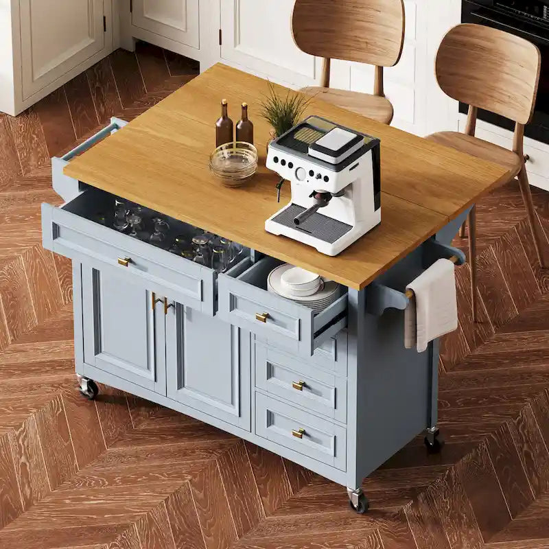 Isola da Cucina Retrò Bianca con Ribalta, 2 Cassetti e Mobile Contenitore