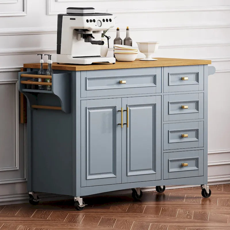 Isola da Cucina Retrò Bianca con Ribalta, 2 Cassetti e Mobile Contenitore