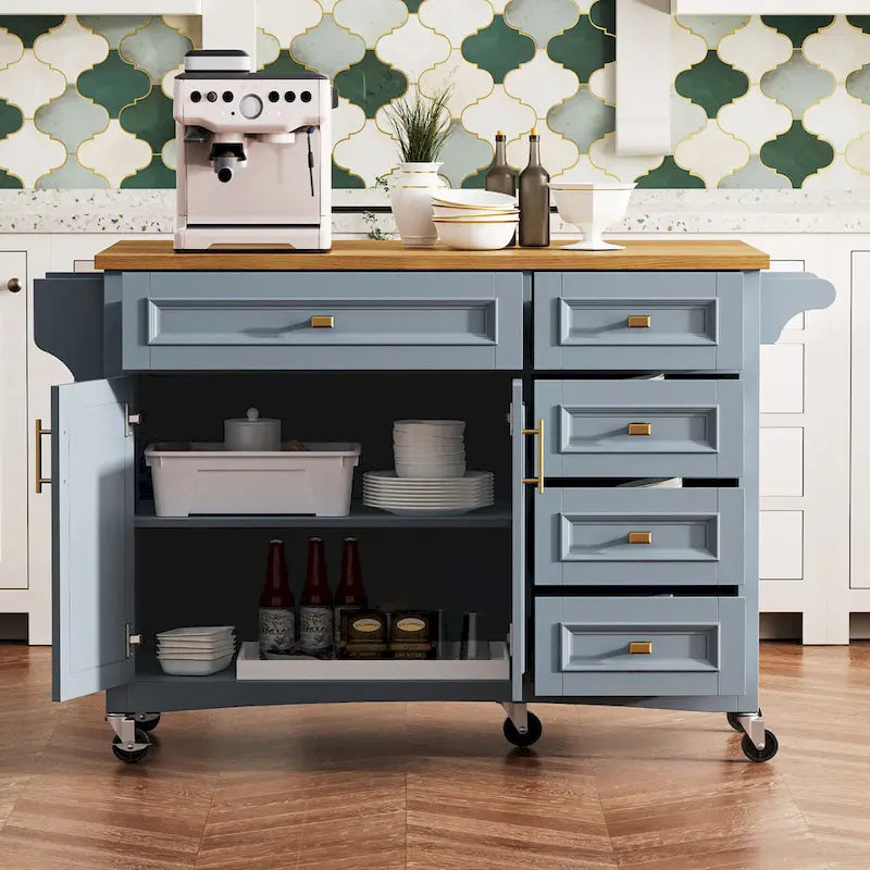 Isola da Cucina Retrò Bianca con Ribalta, 2 Cassetti e Mobile Contenitore