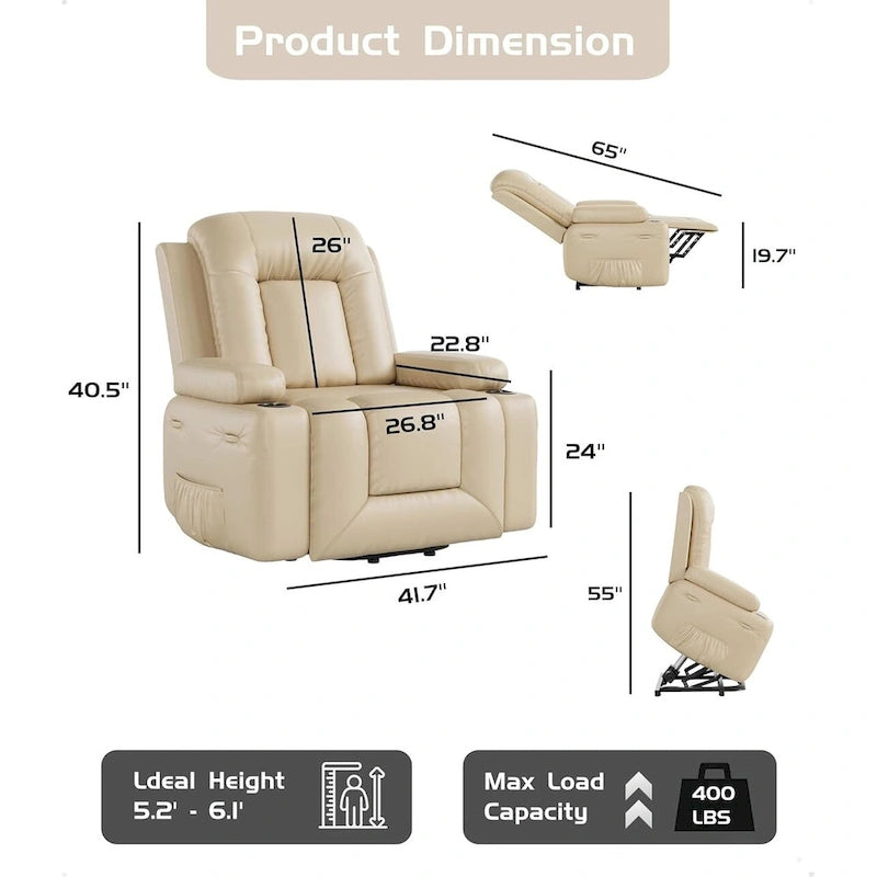 Poltrona Reclinabile Elevabile in Similpelle, con Funzione Calore e Massaggio, 1 Persona — Cognac / Caffè / Cuoio / Grigio / Beige