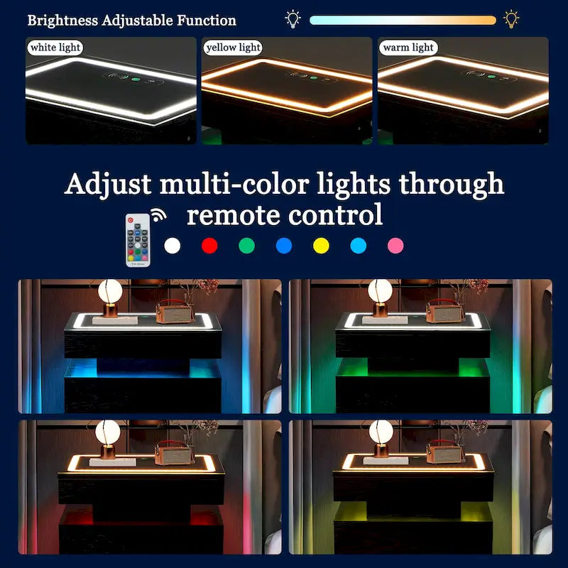 Comodino LED con stazione di ricarica, bianco/nero, sospeso, 1 persona
