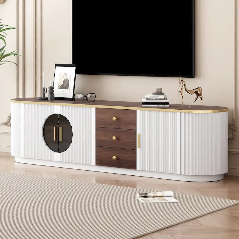 Mobile TV in legno venato bianco con 3 cassetti e ante in vetro, adatto per televisori fino a 80"