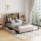 Letto imbottito beige con piattaforma, matrimoniale alla francese con testiera contenitore, letto estraibile singolo XL e 2 cassetti