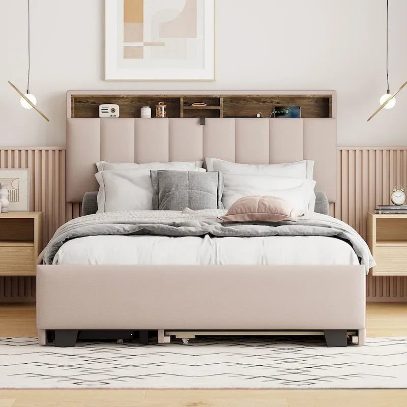 Letto imbottito beige con piattaforma, matrimoniale alla francese con testiera contenitore, letto estraibile singolo XL e 2 cassetti