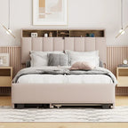 Letto imbottito beige con piattaforma, matrimoniale alla francese con testiera contenitore, letto estraibile singolo XL e 2 cassetti