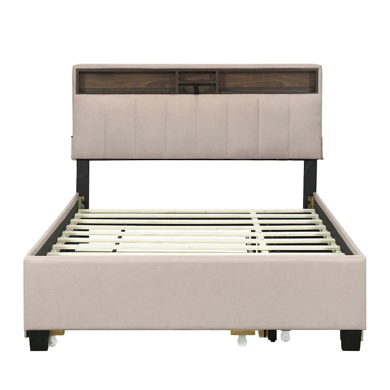 Letto imbottito beige con piattaforma, matrimoniale alla francese con testiera contenitore, letto estraibile singolo XL e 2 cassetti
