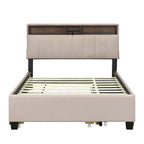 Letto imbottito beige con piattaforma, matrimoniale alla francese con testiera contenitore, letto estraibile singolo XL e 2 cassetti