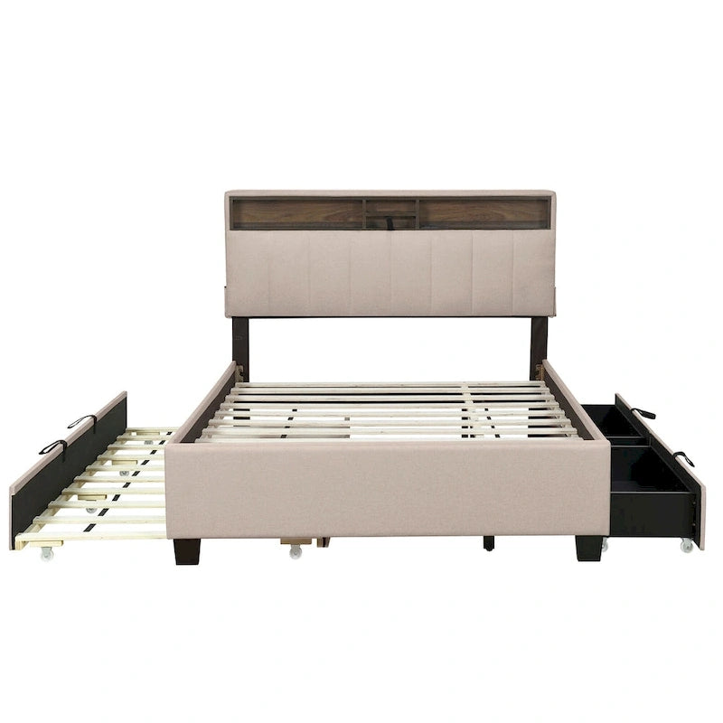 Letto imbottito beige con piattaforma, matrimoniale alla francese con testiera contenitore, letto estraibile singolo XL e 2 cassetti