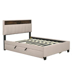 Letto imbottito beige con piattaforma, matrimoniale alla francese con testiera contenitore, letto estraibile singolo XL e 2 cassetti