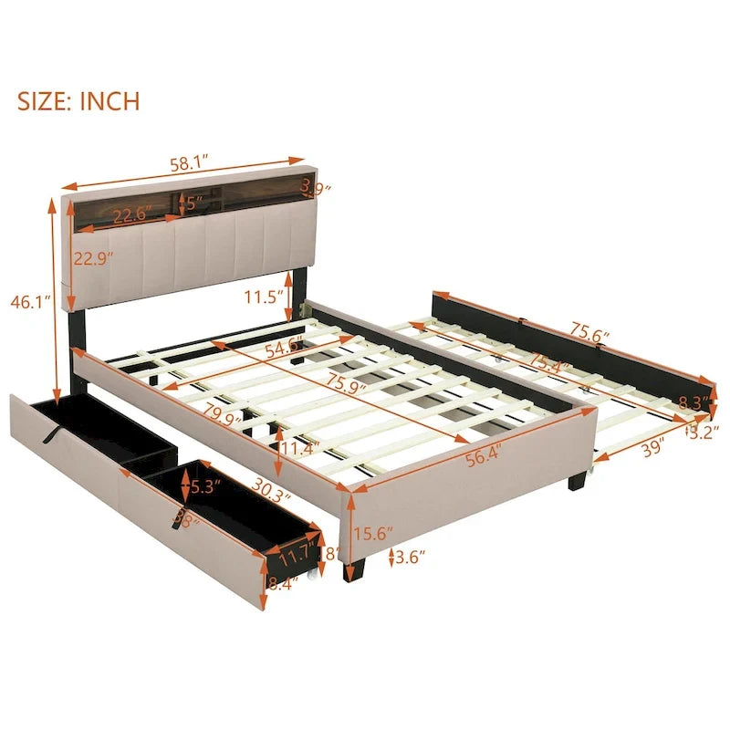 Letto imbottito beige con piattaforma, matrimoniale alla francese con testiera contenitore, letto estraibile singolo XL e 2 cassetti
