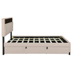 Letto imbottito beige con piattaforma, matrimoniale alla francese con testiera contenitore, letto estraibile singolo XL e 2 cassetti