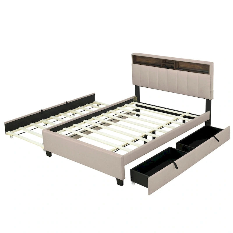 Letto imbottito beige con piattaforma, matrimoniale alla francese con testiera contenitore, letto estraibile singolo XL e 2 cassetti