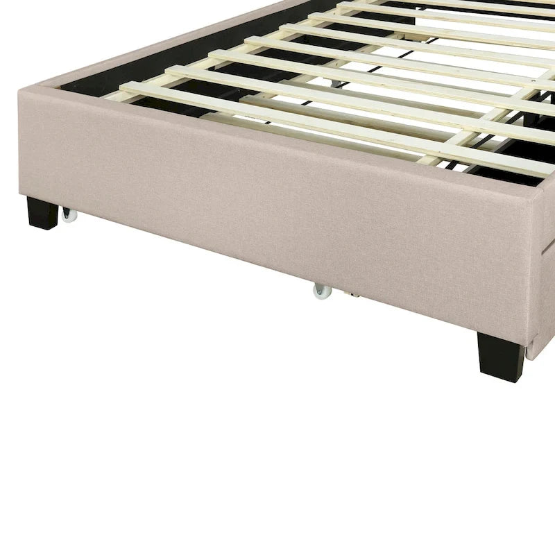 Letto imbottito beige con piattaforma, matrimoniale alla francese con testiera contenitore, letto estraibile singolo XL e 2 cassetti