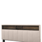 Letto imbottito beige con piattaforma, matrimoniale alla francese con testiera contenitore, letto estraibile singolo XL e 2 cassetti