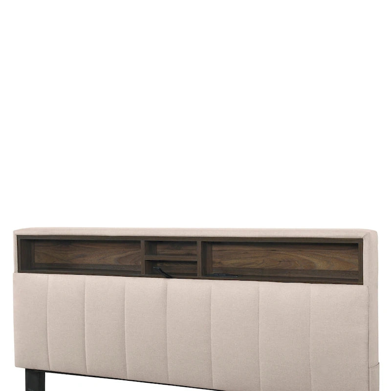 Letto imbottito beige con piattaforma, matrimoniale alla francese con testiera contenitore, letto estraibile singolo XL e 2 cassetti