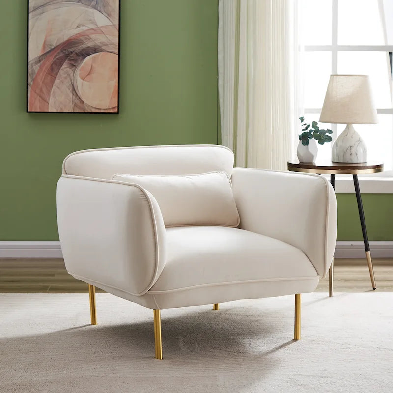 Poltrona singola moderna in velluto beige, gambe in metallo