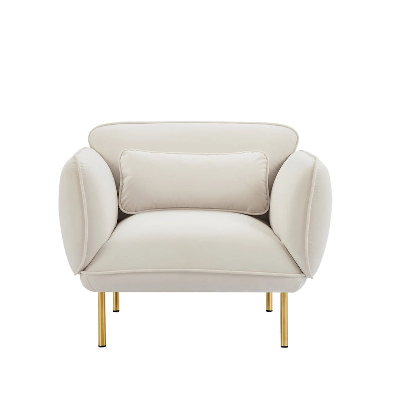 Poltrona singola moderna in velluto beige, gambe in metallo