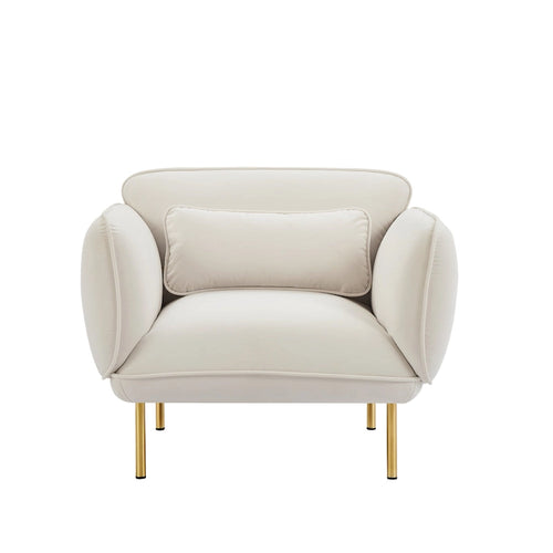 Poltrona singola moderna in velluto beige, gambe in metallo