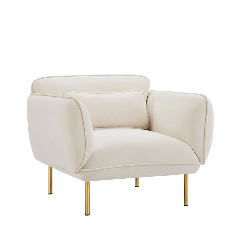 Poltrona singola moderna in velluto beige, gambe in metallo