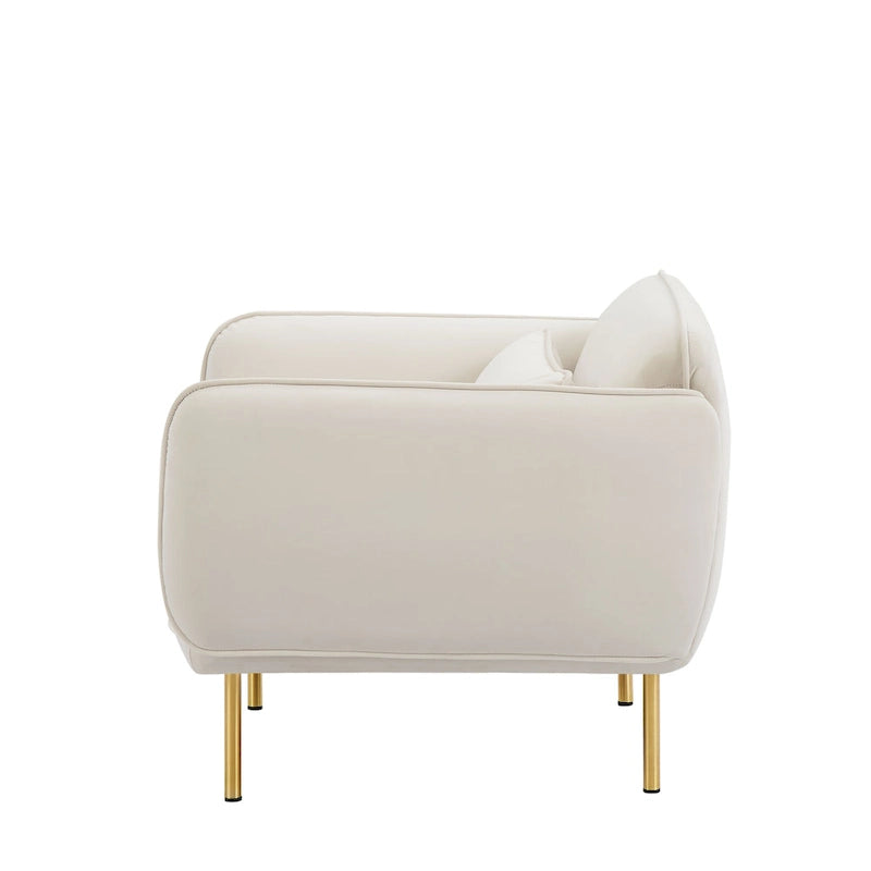 Poltrona singola moderna in velluto beige, gambe in metallo