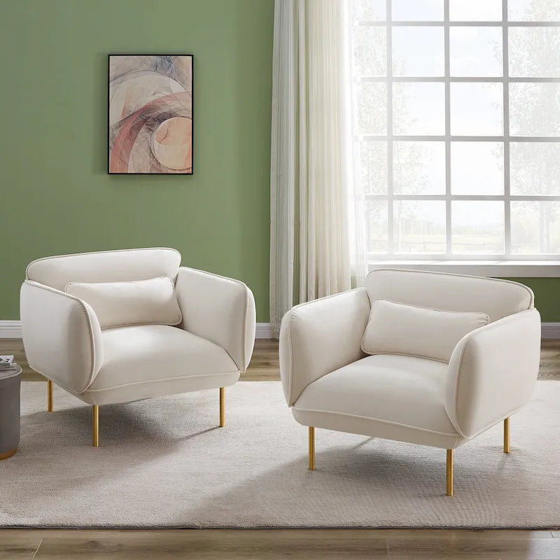 Poltrona singola moderna in velluto beige, gambe in metallo