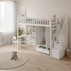 Letto a soppalco singolo grigio/espresso/bianco con scrivania e contenitore, 1 persona