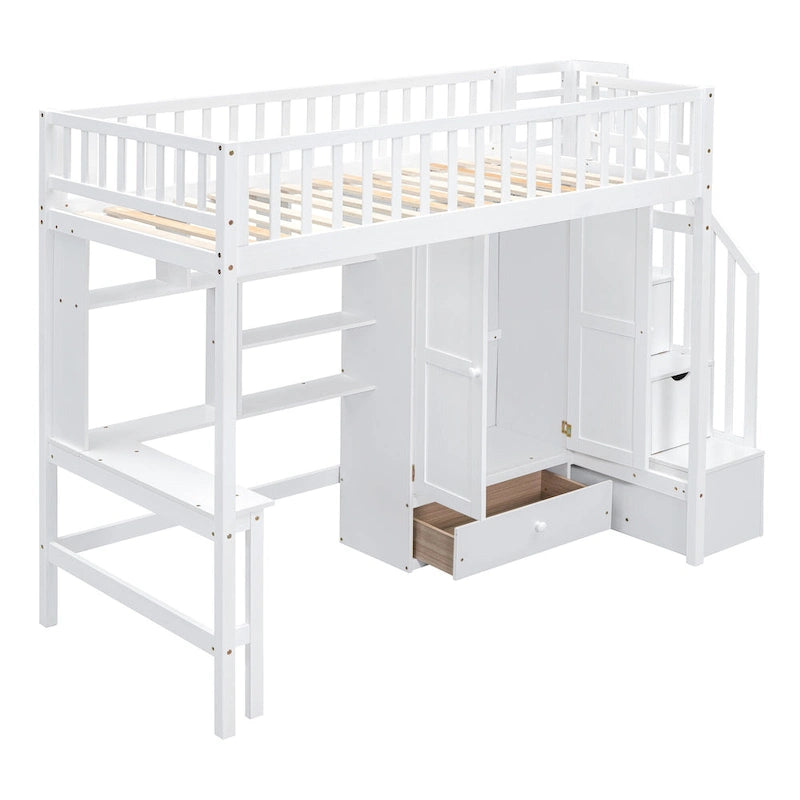 Letto a soppalco singolo grigio/espresso/bianco con scrivania e contenitore, 1 persona