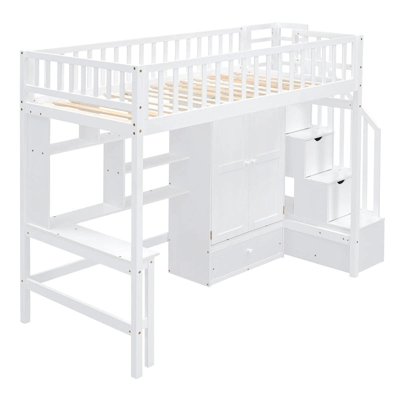 Letto a soppalco singolo grigio/espresso/bianco con scrivania e contenitore, 1 persona