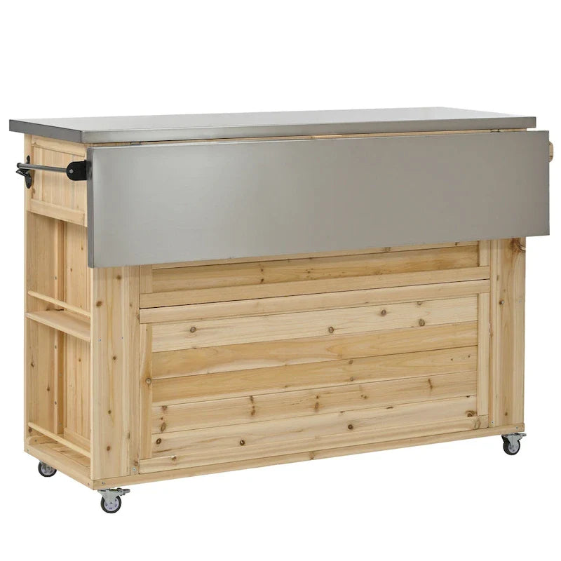 Outdoor-Kücheninsel aus rustikalem Tannenholz mit Edelstahlplatte und intelligentem Stauraum