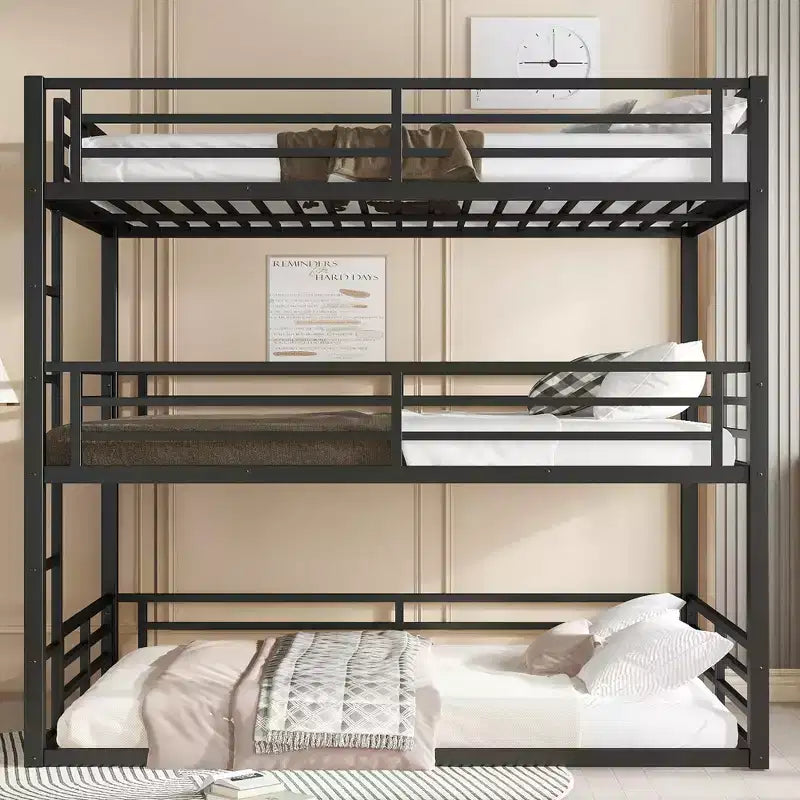 Dreifach-Etagenbett, Metall-Etagenbett in voller Größe mit Sicherheitsgeländern, robustes Etagenbett mit geräuschreduziertem Design, Schwarz