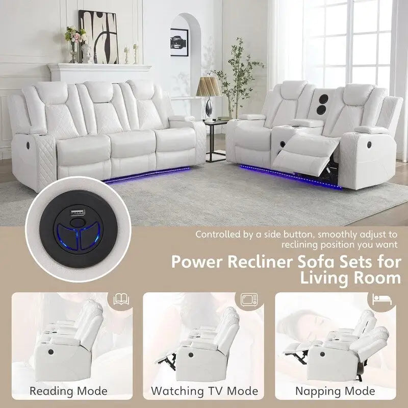 Elektrisch verstellbares Sofa mit kabellosem Ladegerät, Leselampe für das Wohnzimmer, Kunstleder, LED-Beleuchtung, AC-/USB-Anschluss und Getränkehalter, Schwarz