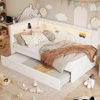 Легло-канапе Twin/Full с изтеглящо се допълнително легло и Г-образна табла-библиотека, меко ъглово легло с ленена тапицерия, рафтове за съхранение и LED лента