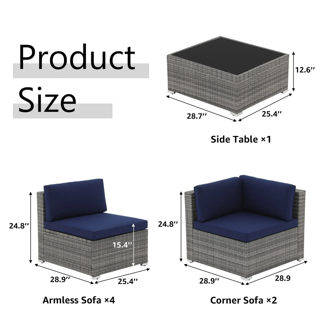 7-delige outdoor loungeset van vlechtwerk en staal met kussens