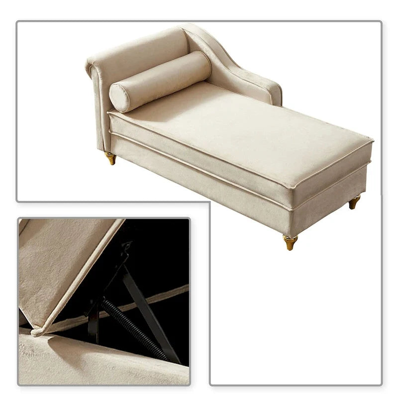 Chaise longue elegante francese rivestita in velluto con contenitore e cuscino