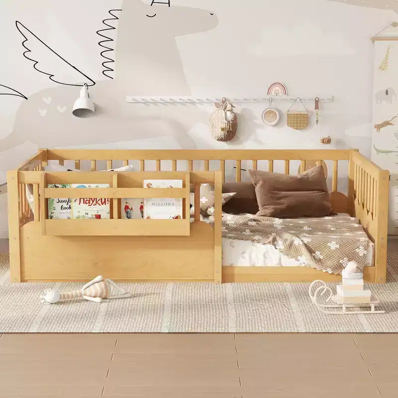 Bellemave Kinder-Bodenbett mit erhöhtem Rausfallschutz und Bücherregal, hölzernes Montessori-Einzelbettgestell für Mädchen und Jungen
