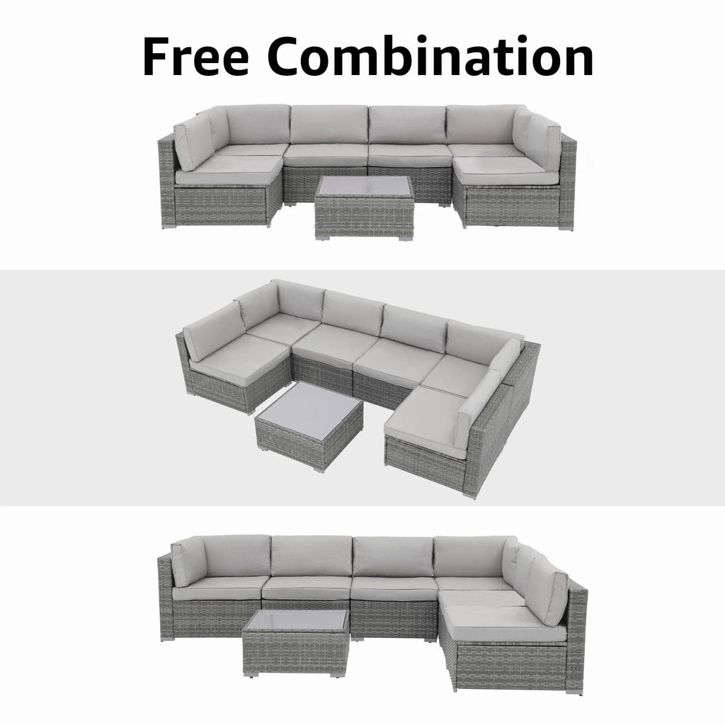 7-delige outdoor loungeset van vlechtwerk en staal met kussens
