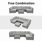 7-delige outdoor loungeset van vlechtwerk en staal met kussens