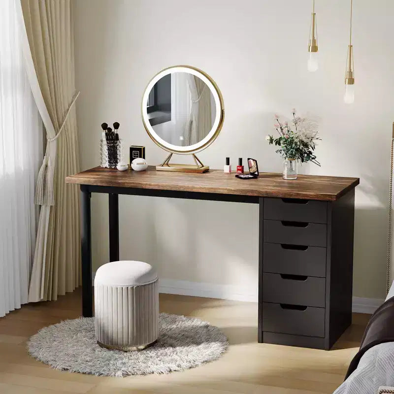 Scrivania per computer da 47 pollici con 5 cassetti portaoggetti, tavolo moderno rustico reversibile da studio e scrittura, postazione per ufficio domestico per piccoli spazi