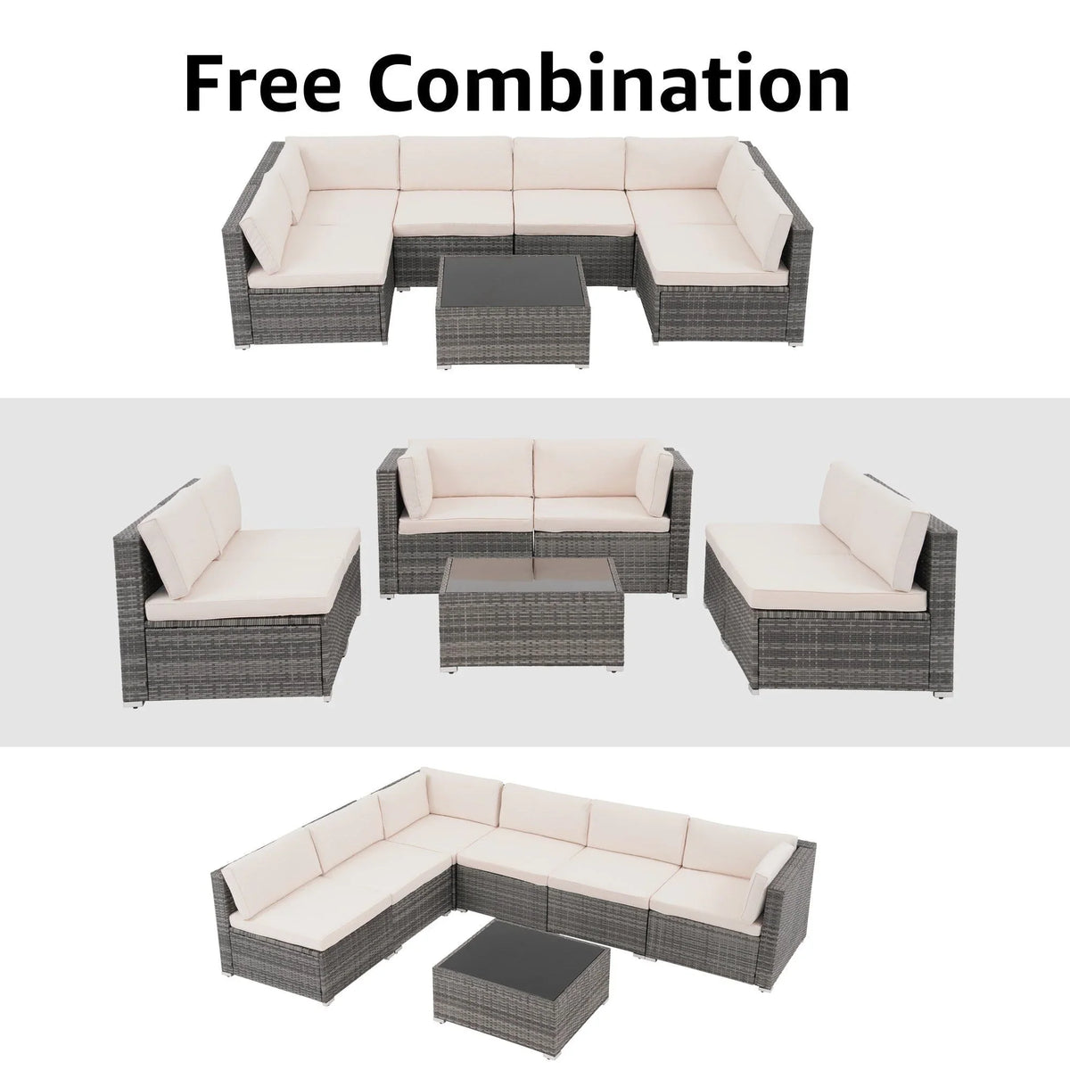 7-delige outdoor loungeset van vlechtwerk en staal met kussens