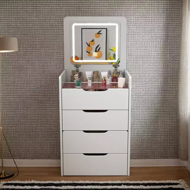 Toeletta 3-in-1 Okak con specchio ribaltabile, toeletta compatta con piano in vetro trasparente e sgabello imbottito, scrivania da toeletta per camera da letto