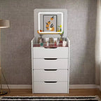 Toeletta 3-in-1 Okak con specchio ribaltabile, toeletta compatta con piano in vetro trasparente e sgabello imbottito, scrivania da toeletta per camera da letto