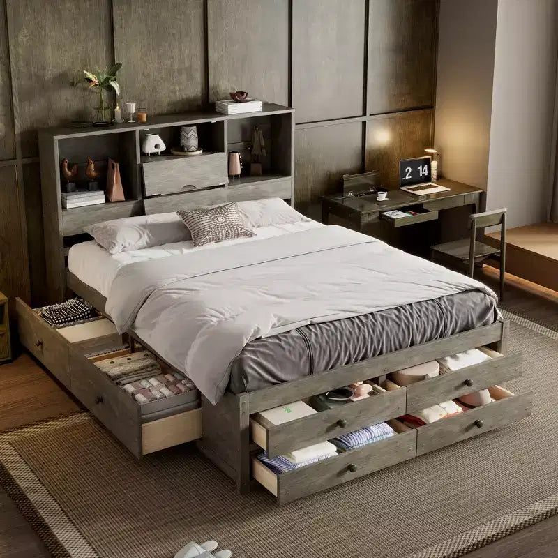 Letto matrimoniale con base a piattaforma, ripiano contenitore e 8 cassetti, facile da montare