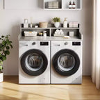 Houten opzetblad voor wasmachine en droger, 54 inch aanrechtblad voor de wasruimte met opbergplank met 2 niveaus, antislip werkoppervlak met opstaande randen voor een georganiseerde wasruimte