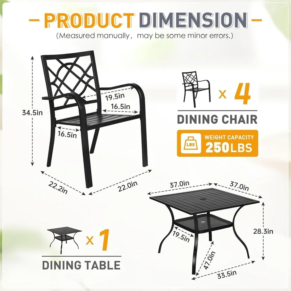 Set da pranzo SUNCROWN da esterno per patio, da 5/7 pezzi, in acciaio, con tavolo a doghe metalliche e sedie impilabili, struttura verniciata a polvere
