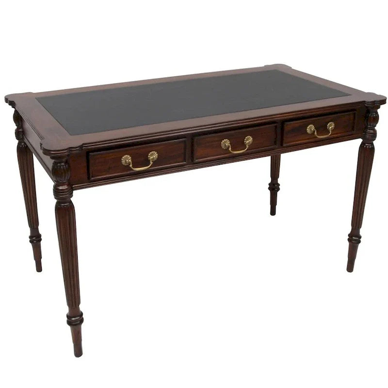 Scrivania in mogano massello in stile vittoriano marrone scuro / marrone chiaro con piano in pelle nera e 3 cassetti – unità singola