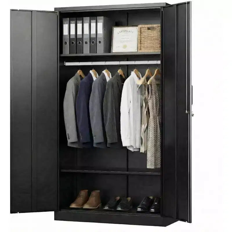 183 cm hoher Kleiderschrank mit Schloss, schwarze Metall-Garageschränke mit verstellbaren Regalböden und Kleiderstange, Metallschrank zur Aufbewahrung für Zuhause und Schlafzimmer